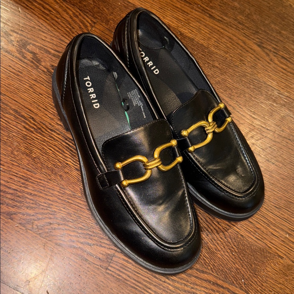 Torrid Black Loafers with Gold Chain Detail